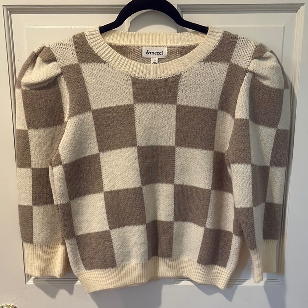 Women's Checkered Sweater - Cream and Brown